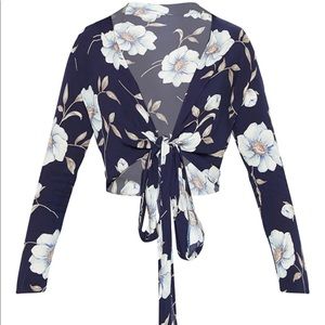 Navy Floral Print Tie Front Crop Top